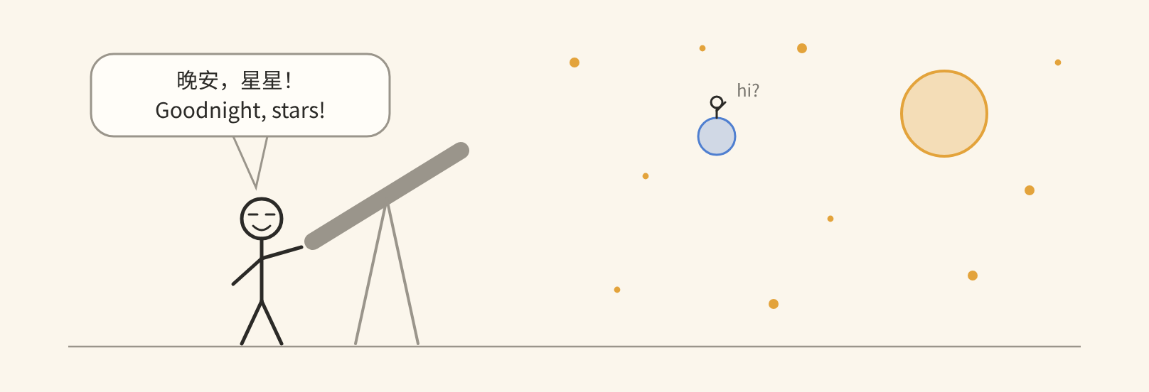 A child looks at the stars through a telescope; far away, someone waves from a little planet